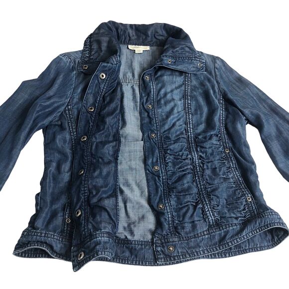 Coldwater Creek Jacket Women 8 Blue Chambray Ruched Roll Tab Sleeve Snap Shacket - Picture 8 of 16